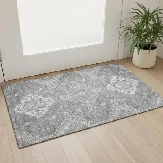 Gray And Ivory Medallion Washable Area Rug With UV Protection Photo 1