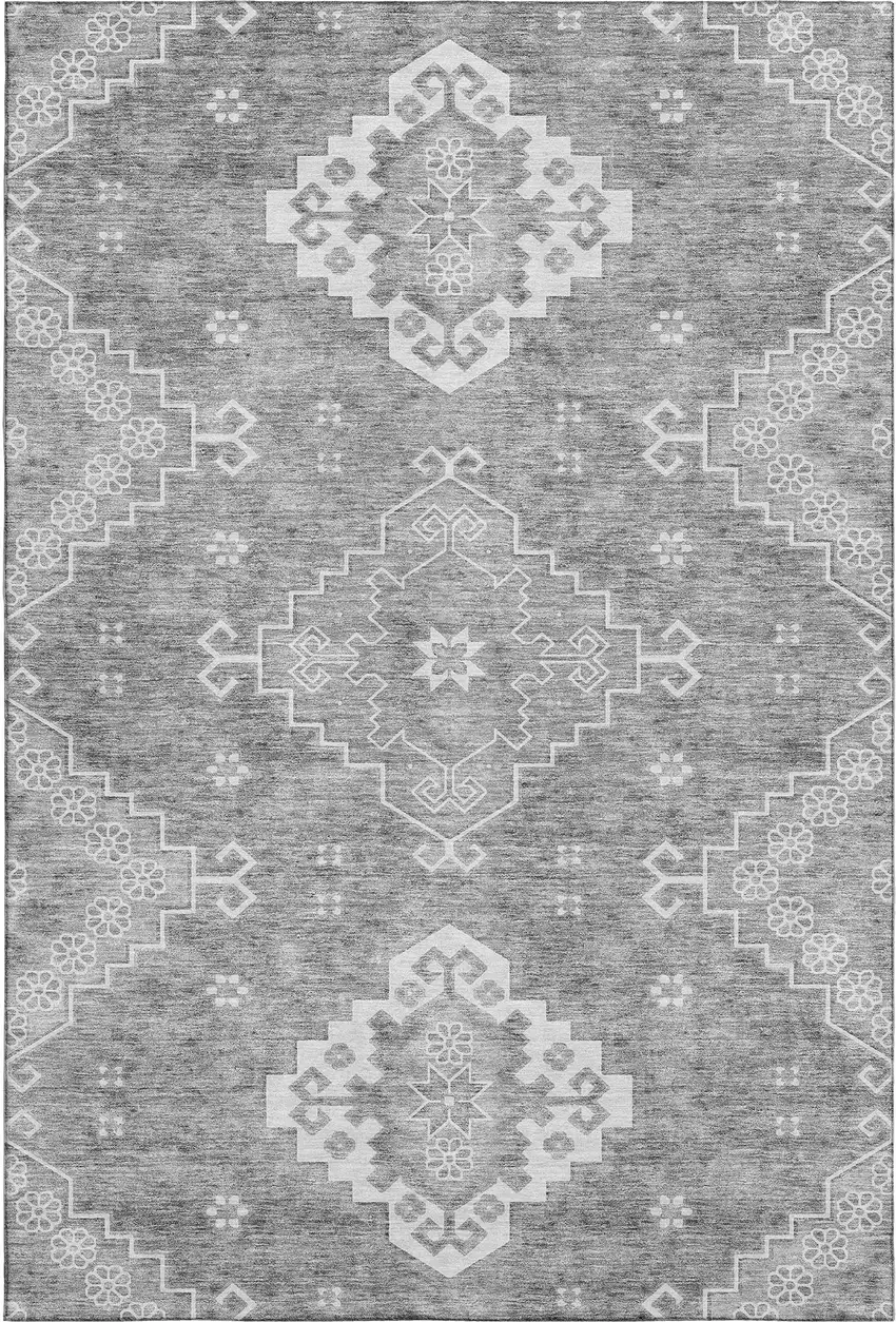 Gray And Ivory Medallion Washable Area Rug With UV Protection Photo 2