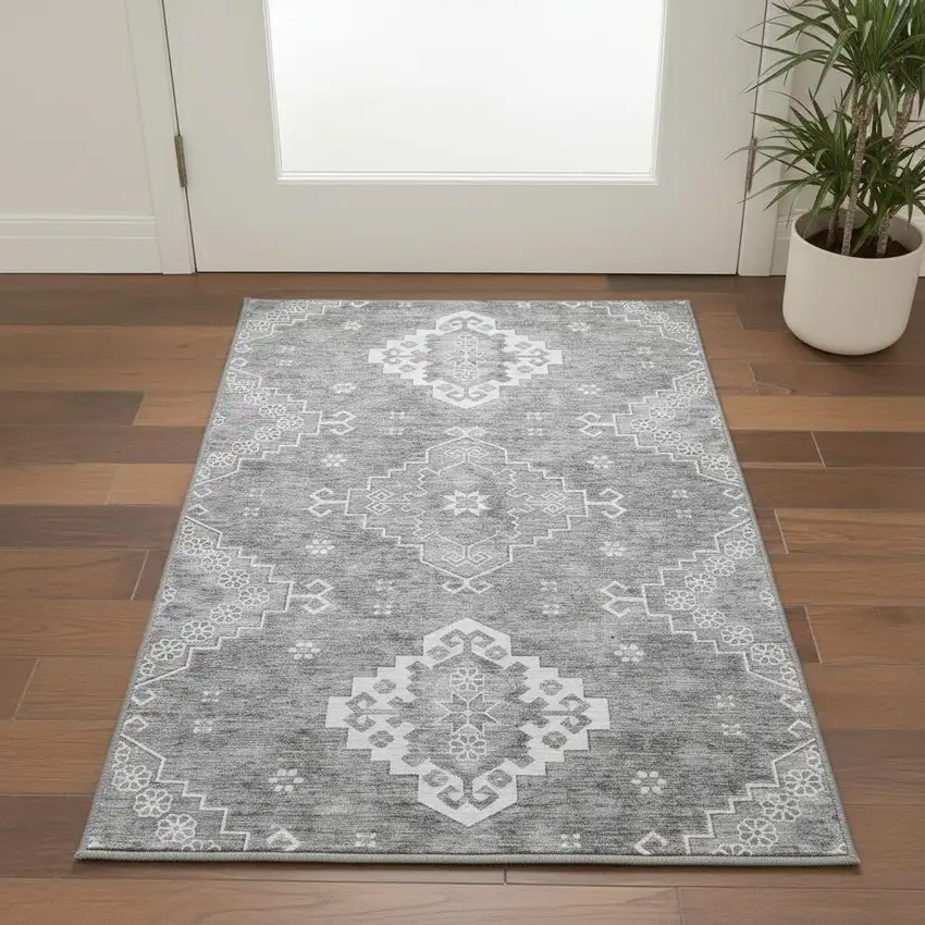 Gray And Ivory Medallion Washable Area Rug With UV Protection Photo 2
