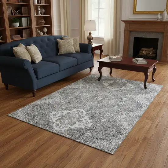 Gray And Ivory Medallion Washable Area Rug With UV Protection Photo 2