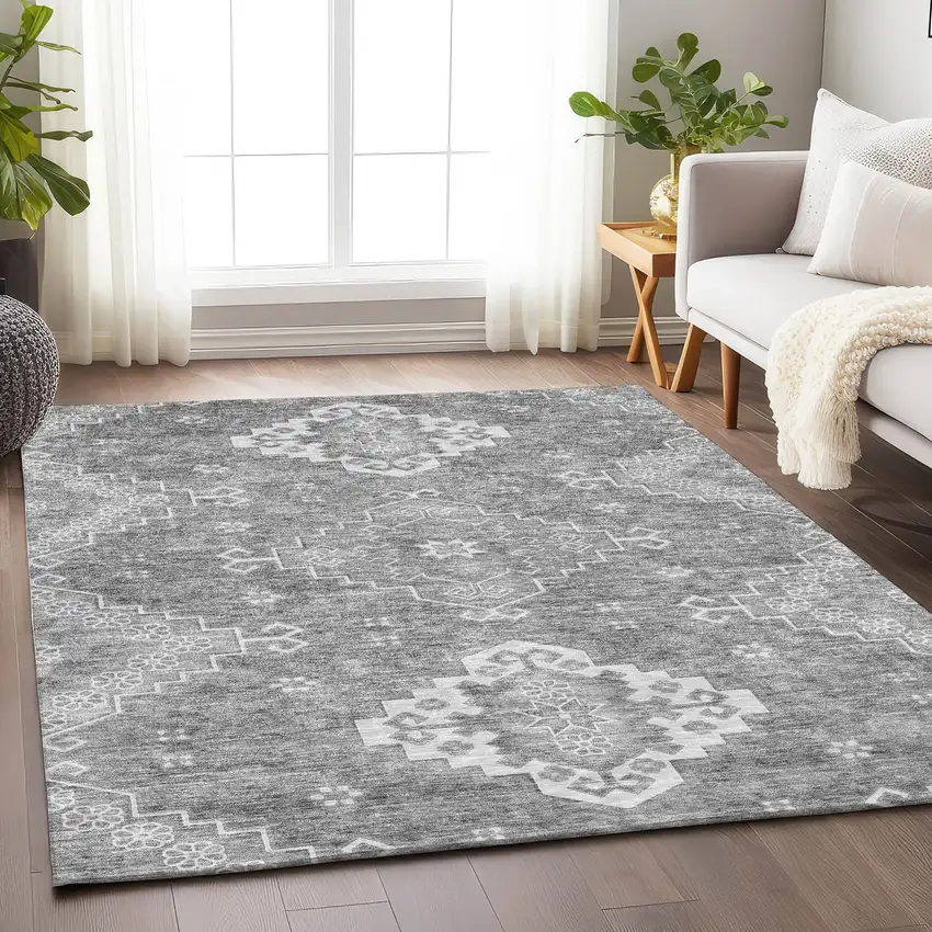 Gray And Ivory Medallion Washable Area Rug With UV Protection Photo 6