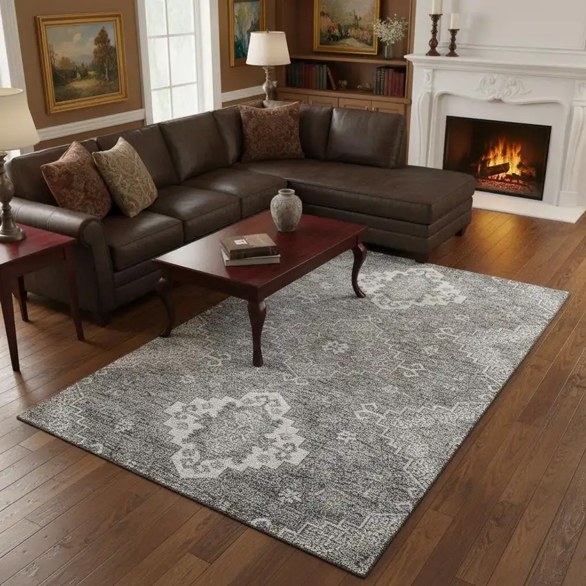 Gray And Ivory Medallion Washable Area Rug With UV Protection Photo 2