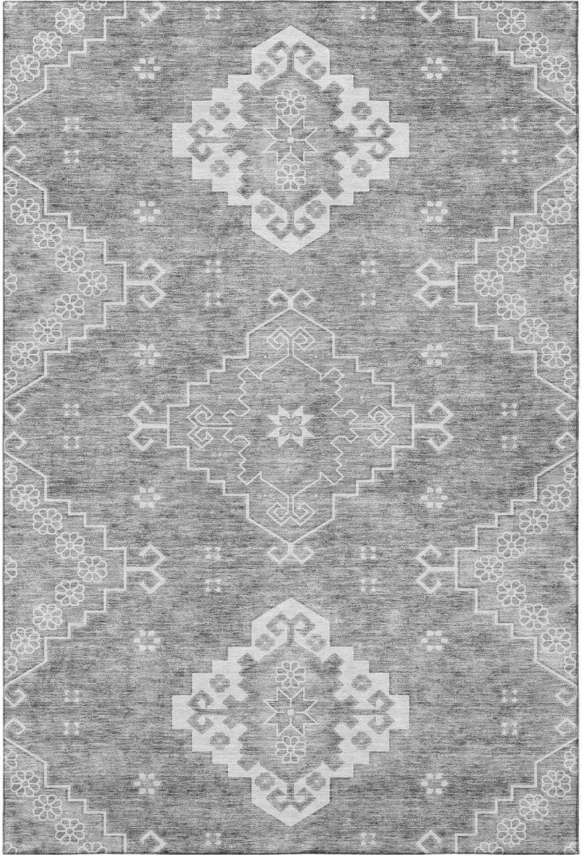 Gray And Ivory Medallion Washable Area Rug With UV Protection Photo 4