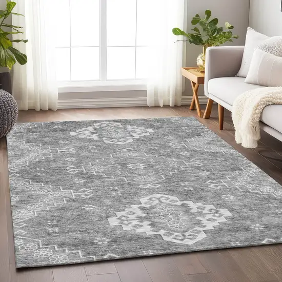 Gray And Ivory Medallion Washable Area Rug With UV Protection Photo 6
