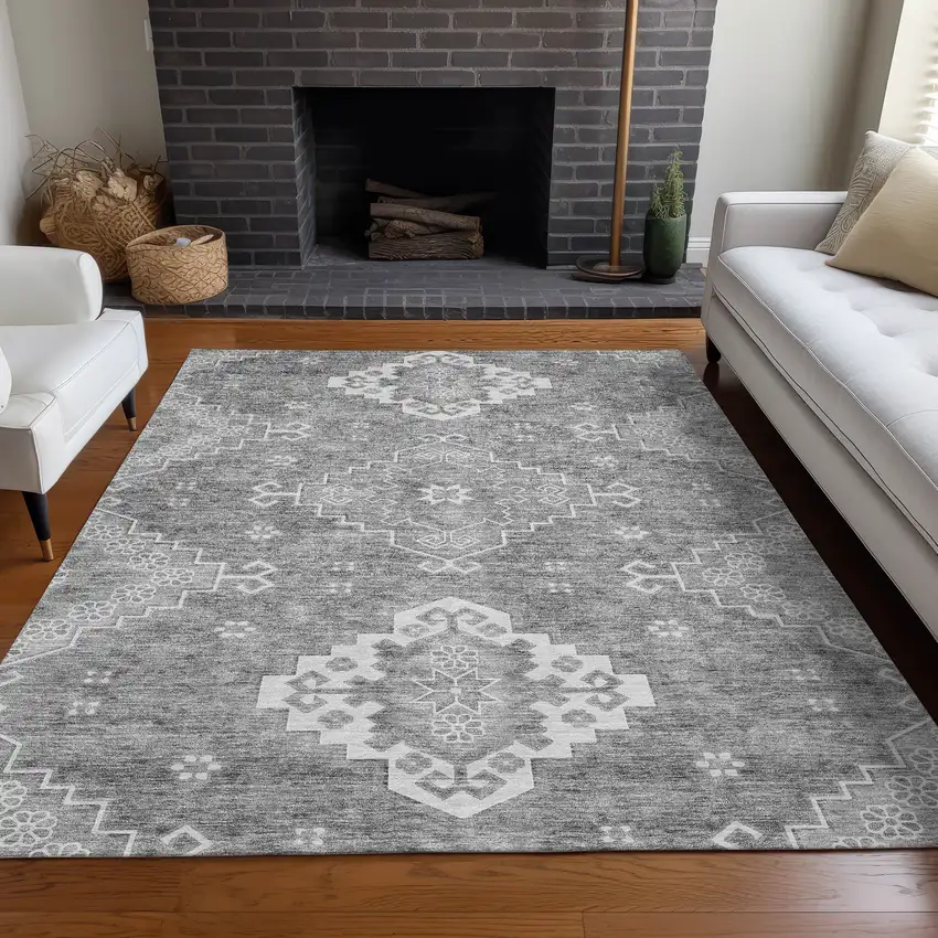 Gray And Ivory Medallion Washable Area Rug With UV Protection Photo 5