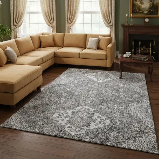 Gray And Ivory Medallion Washable Area Rug With UV Protection Photo 2