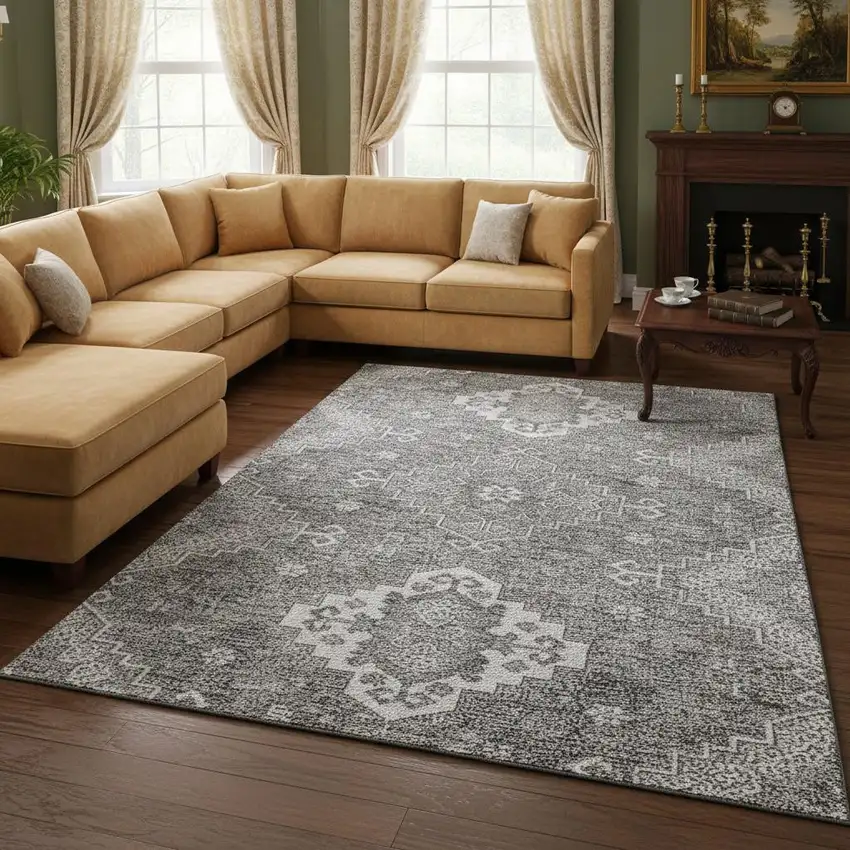 Gray And Ivory Medallion Washable Area Rug With UV Protection Photo 2