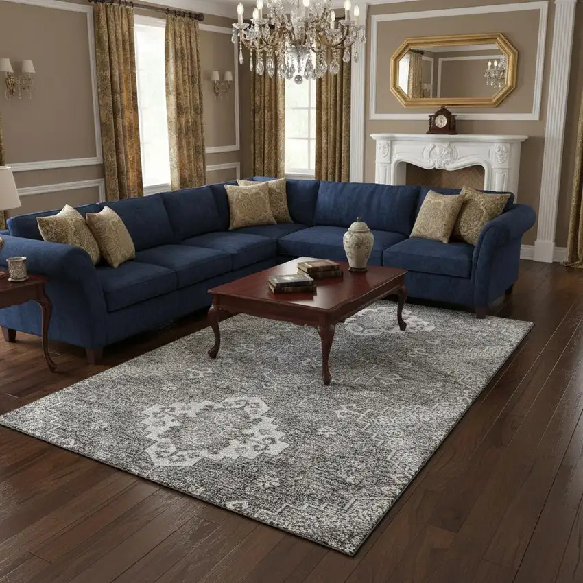 Gray And Ivory Medallion Washable Area Rug With UV Protection Photo 2