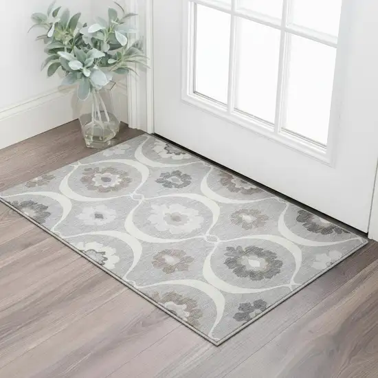 Gray And Ivory Medallion Washable Area Rug With UV Protection Photo 2