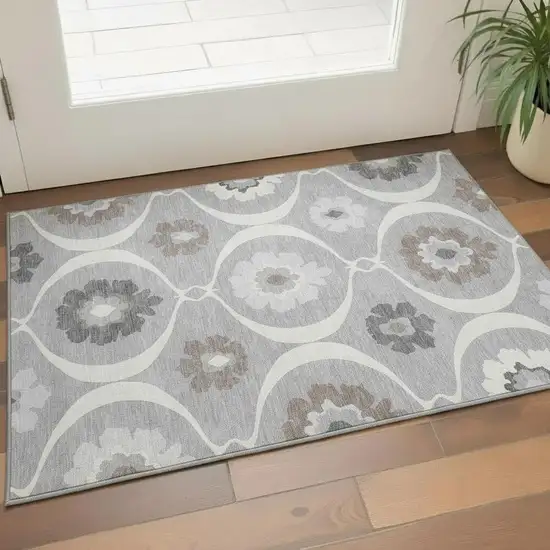 Gray And Ivory Medallion Washable Area Rug With UV Protection Photo 1