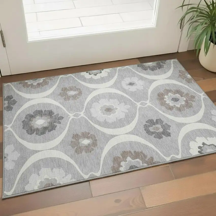 Gray And Ivory Medallion Washable Area Rug With UV Protection Photo 1