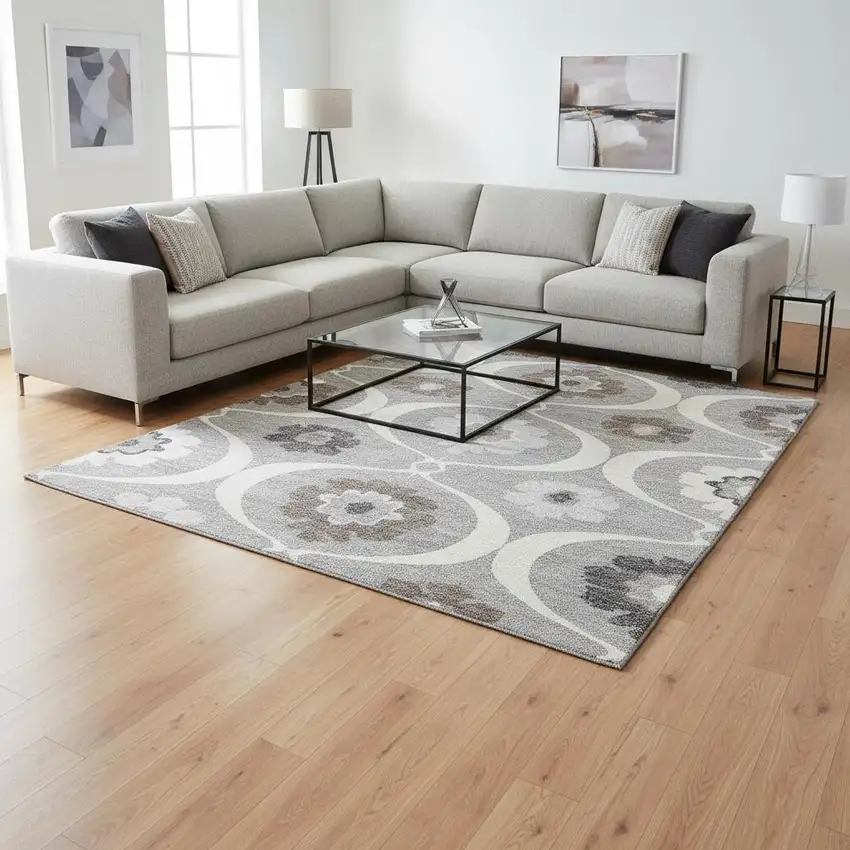 Gray And Ivory Medallion Washable Area Rug With UV Protection Photo 2