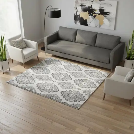 Gray And Ivory Medallion Washable Area Rug With UV Protection Photo 2