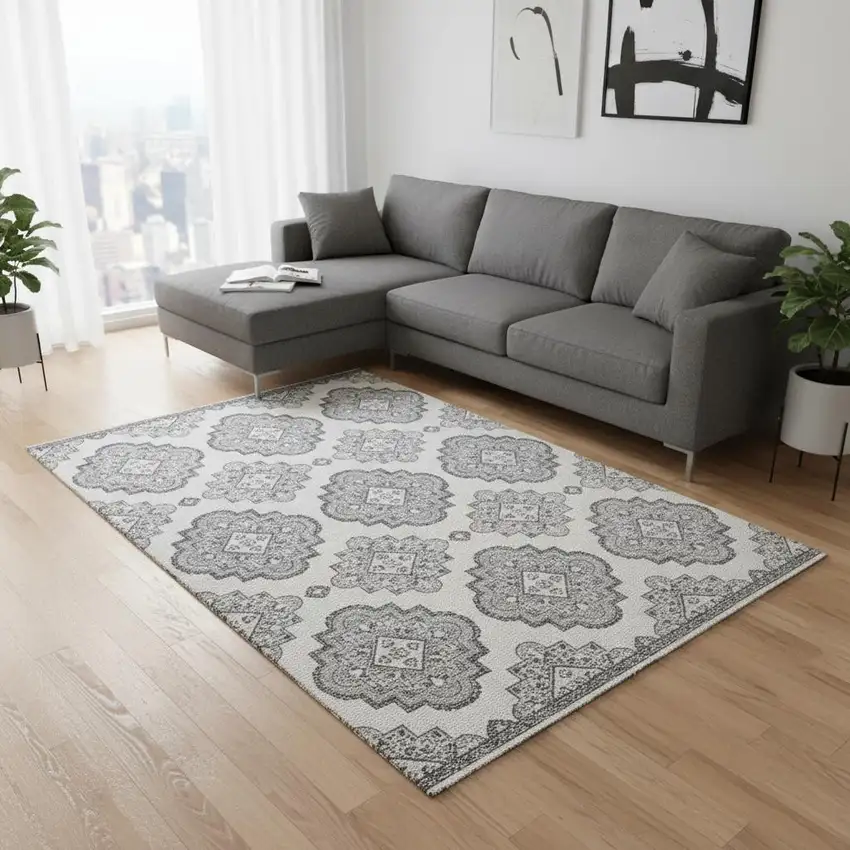 Gray And Ivory Medallion Washable Area Rug With UV Protection Photo 2