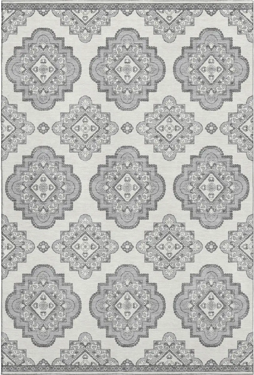 Gray And Ivory Medallion Washable Area Rug With UV Protection Photo 1