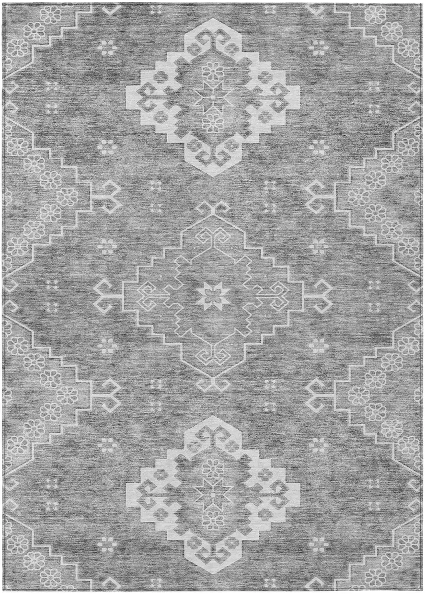 Gray And Ivory Medallion Washable Indoor Outdoor Area Rug Photo 2