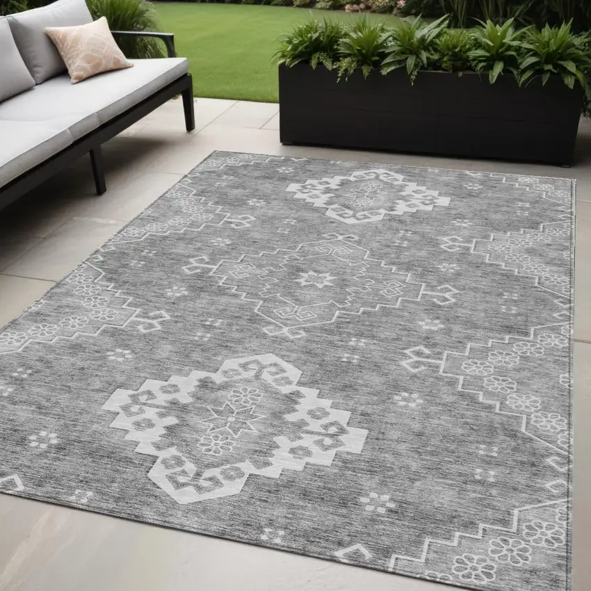 Gray And Ivory Medallion Washable Indoor Outdoor Area Rug Photo 1