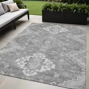 Photo of Gray And Ivory Medallion Washable Indoor Outdoor Area Rug