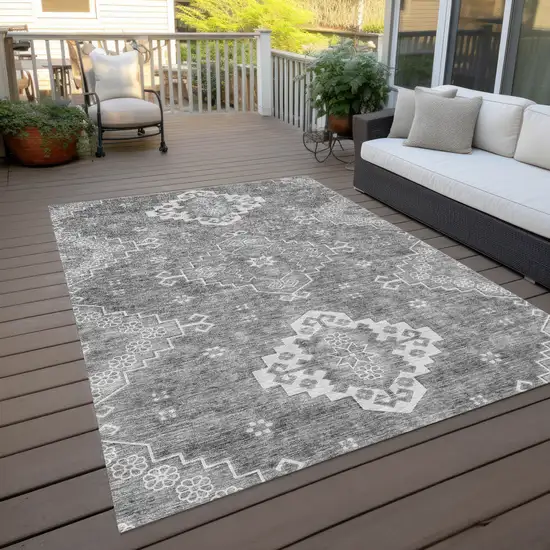 Gray And Ivory Medallion Washable Indoor Outdoor Area Rug Photo 9