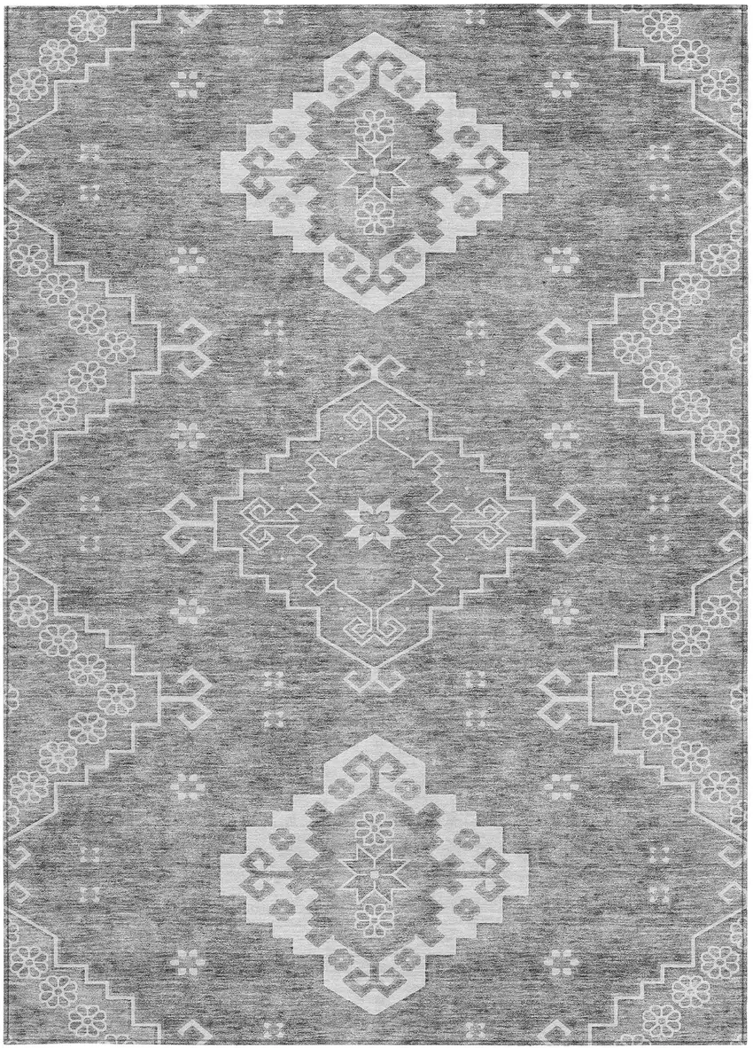 Gray And Ivory Medallion Washable Indoor Outdoor Area Rug Photo 6