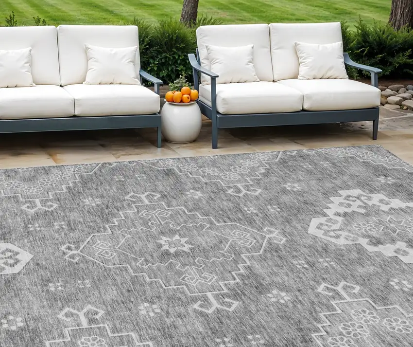Gray And Ivory Medallion Washable Indoor Outdoor Area Rug Photo 1