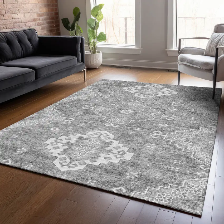 Gray And Ivory Medallion Washable Indoor Outdoor Area Rug Photo 9