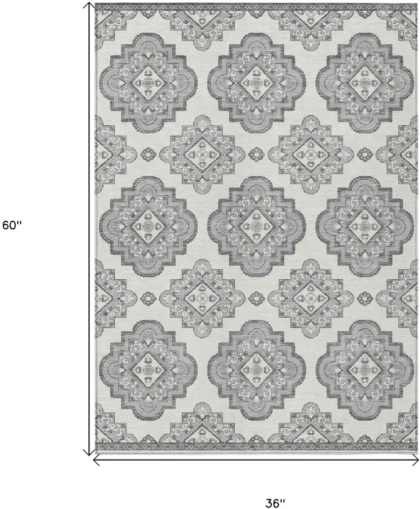 Gray And Ivory Medallion Washable Indoor Outdoor Area Rug Photo 3