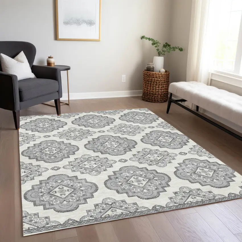 Gray And Ivory Medallion Washable Indoor Outdoor Area Rug Photo 9