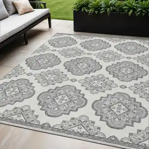 Photo of Gray And Ivory Medallion Washable Indoor Outdoor Area Rug