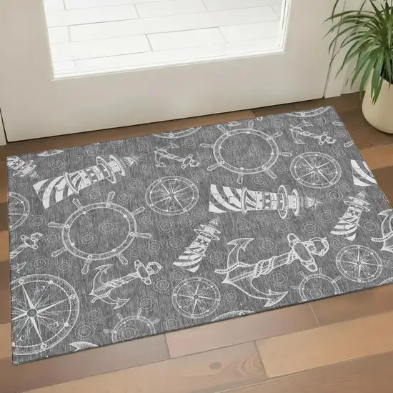 Gray And Ivory Nautical Washable Area Rug With UV Protection Photo 1