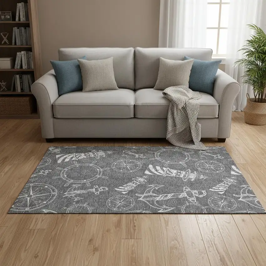 Gray And Ivory Nautical Washable Area Rug With UV Protection Photo 1