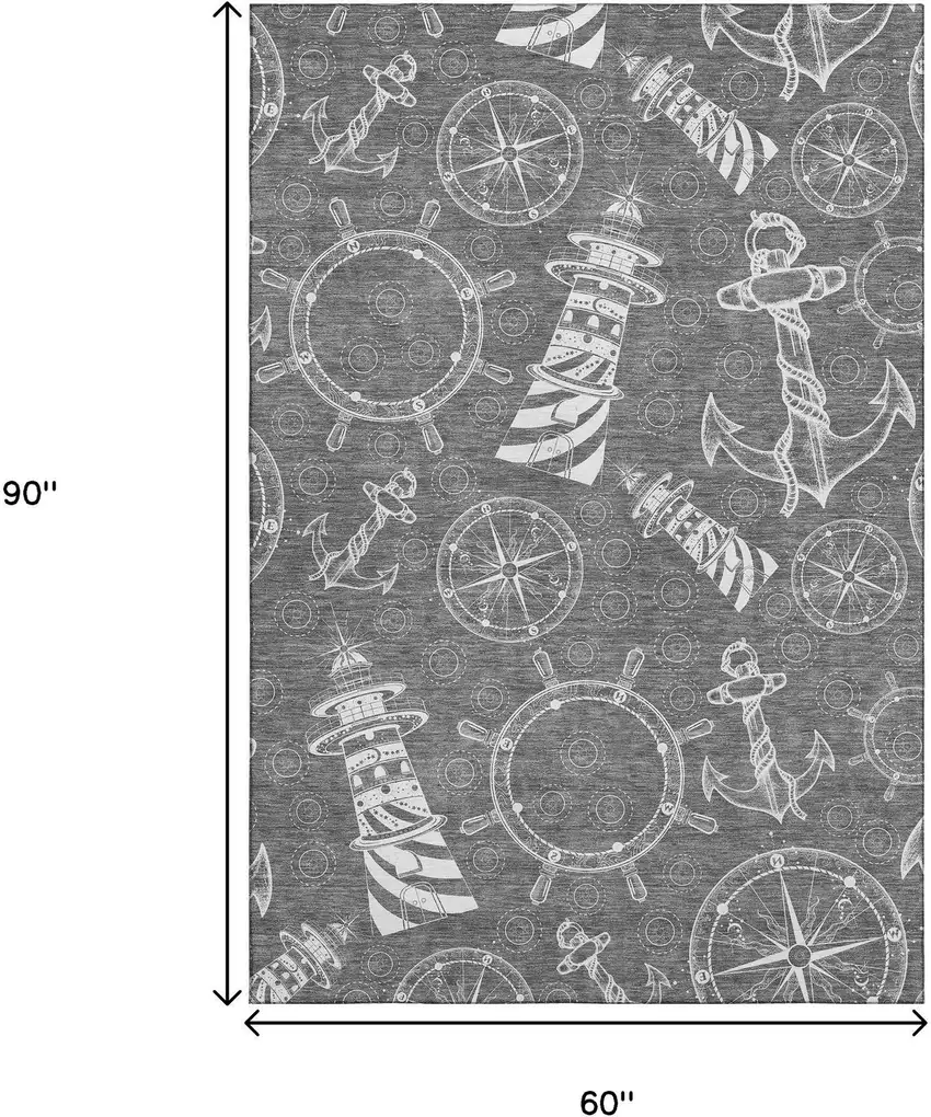 Gray And Ivory Nautical Washable Area Rug With UV Protection Photo 3