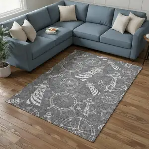 Photo of Gray And Ivory Nautical Washable Area Rug With UV Protection