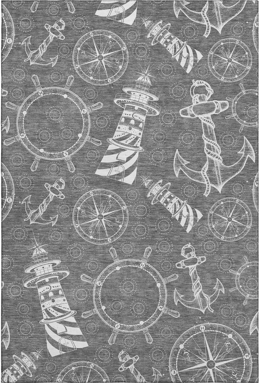 Gray And Ivory Nautical Washable Area Rug With UV Protection Photo 1