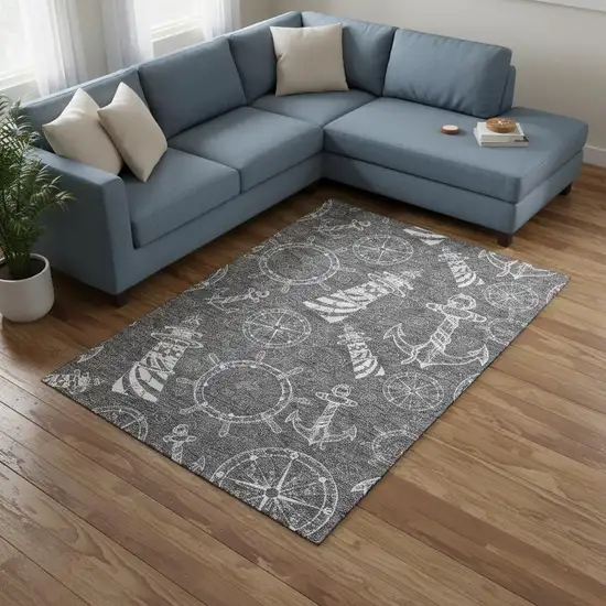 Gray And Ivory Nautical Washable Area Rug With UV Protection Photo 2