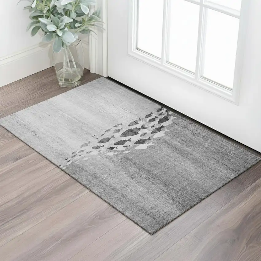 Gray And Ivory Nautical Washable Area Rug With UV Protection Photo 1