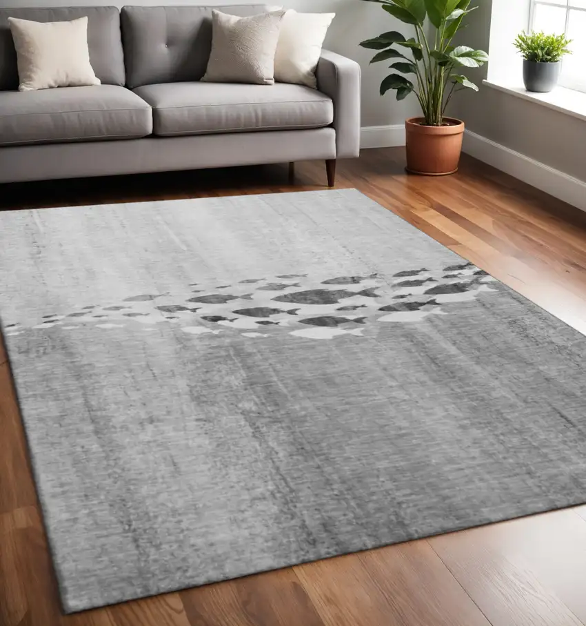 Gray And Ivory Nautical Washable Area Rug With UV Protection Photo 2