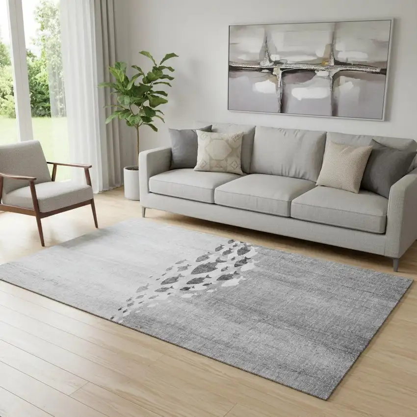 Gray And Ivory Nautical Washable Area Rug With UV Protection Photo 1