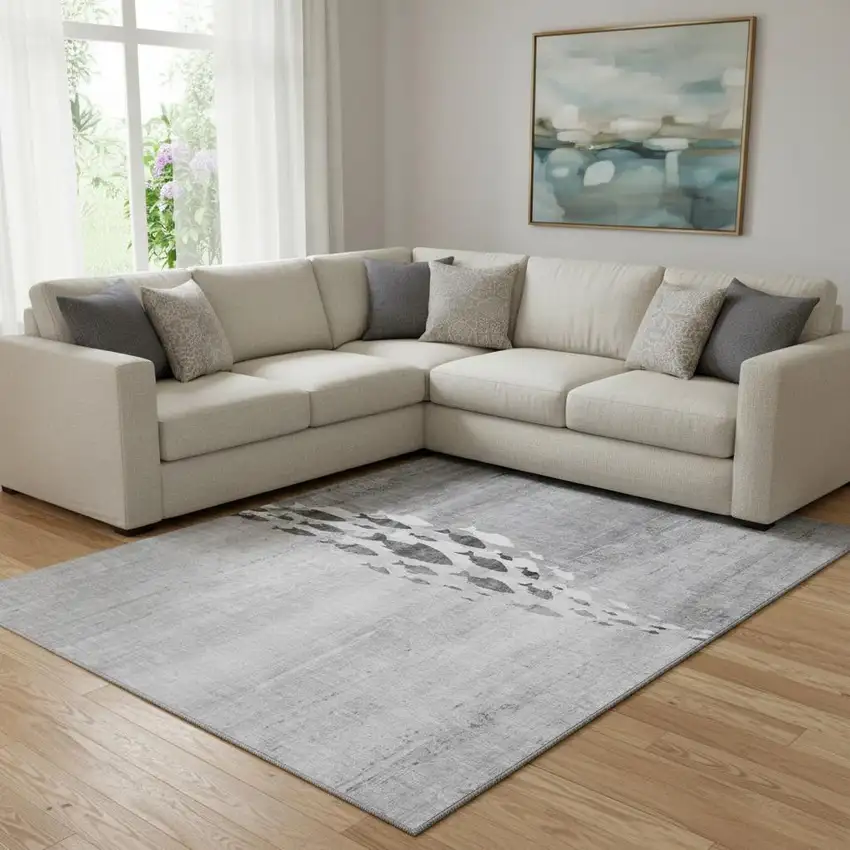 Gray And Ivory Nautical Washable Area Rug With UV Protection Photo 1