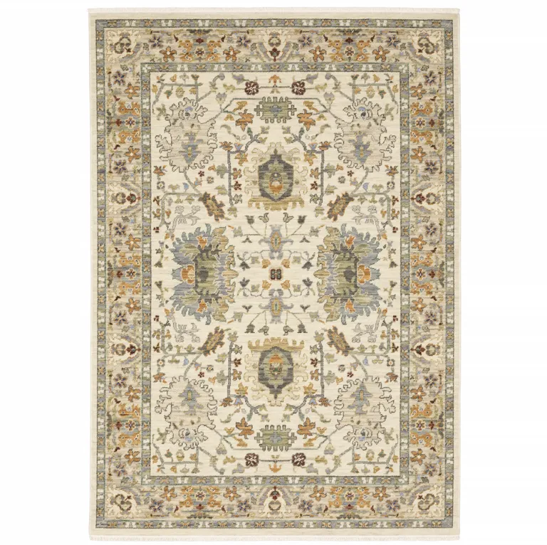 Gray And Ivory Oriental Power Loom Area Rug With Fringe Photo 3