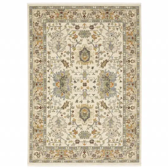 Gray And Ivory Oriental Power Loom Area Rug With Fringe Photo 2
