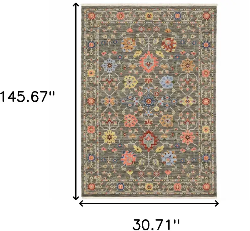 Gray And Ivory Oriental Power Loom Runner Rug With Fringe Photo 9