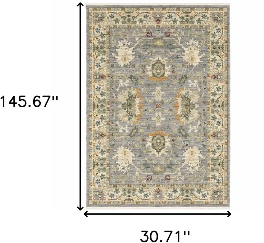 Gray And Ivory Oriental Power Loom Runner Rug With Fringe Photo 8