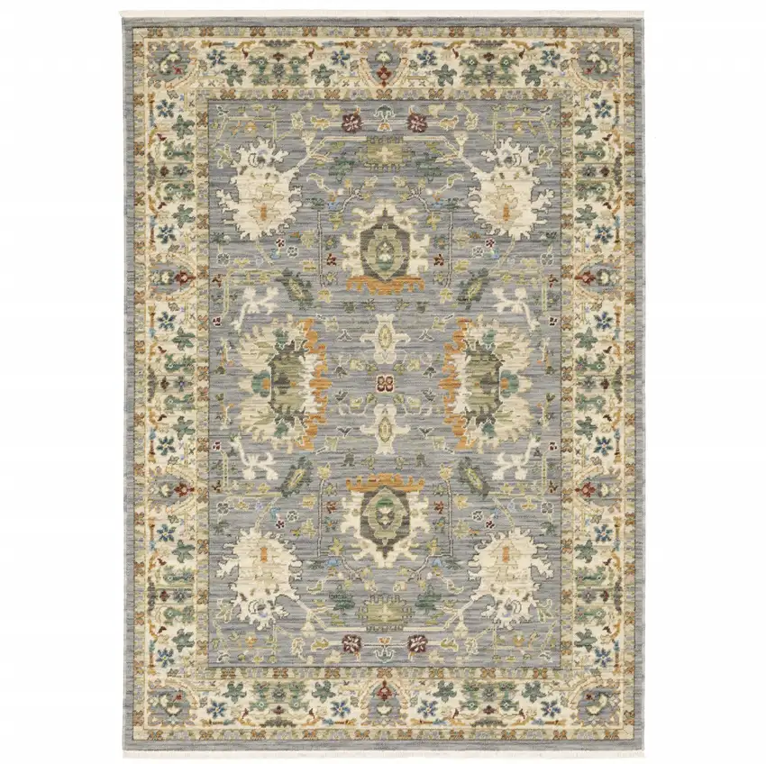 Gray And Ivory Oriental Power Loom Runner Rug With Fringe Photo 2