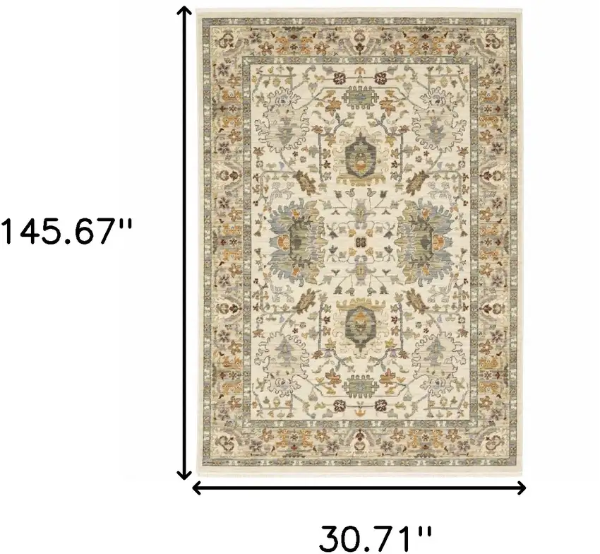 Gray And Ivory Oriental Power Loom Runner Rug With Fringe Photo 9