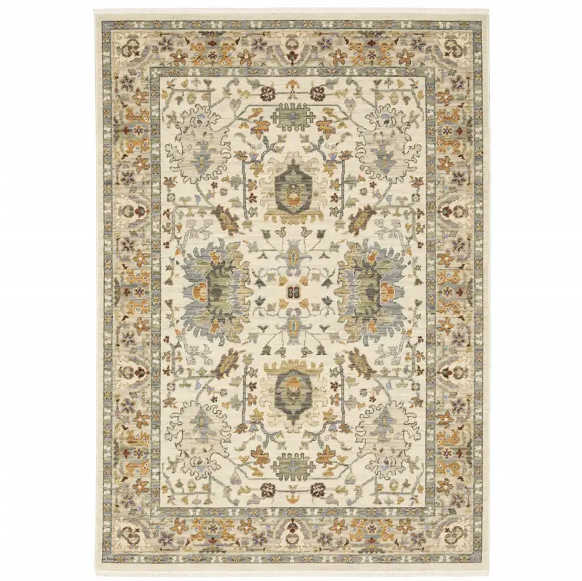 Gray And Ivory Oriental Power Loom Runner Rug With Fringe Photo 1