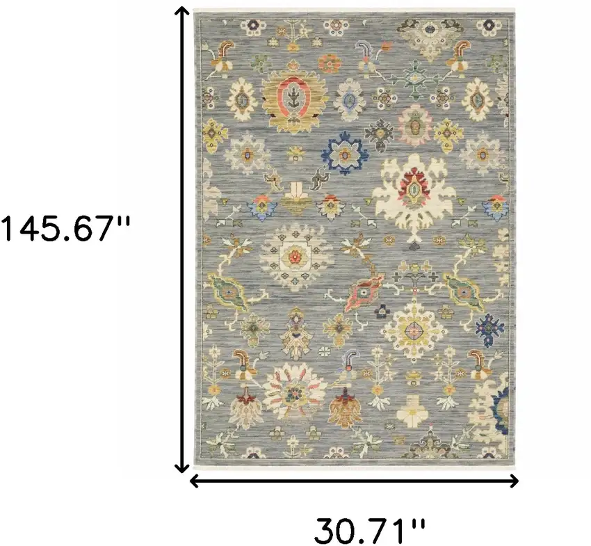 Gray And Ivory Oriental Power Loom Runner Rug With Fringe Photo 6