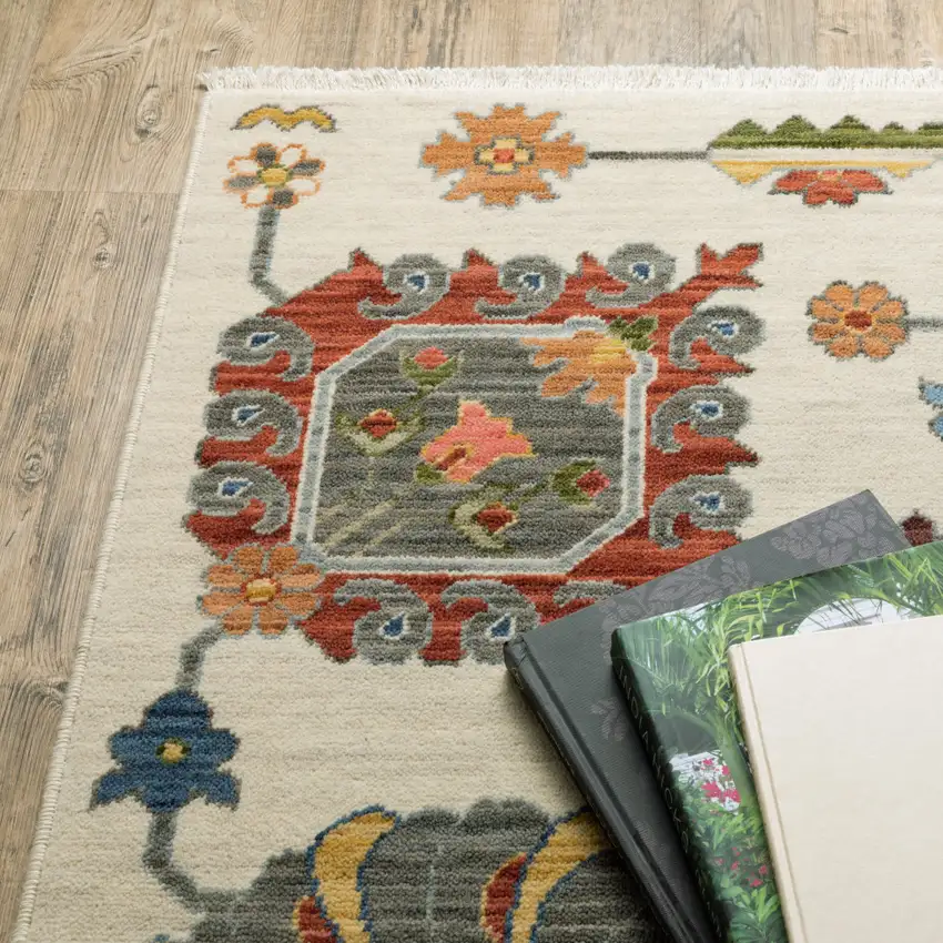 Gray And Ivory Oriental Power Loom Runner Rug With Fringe Photo 9