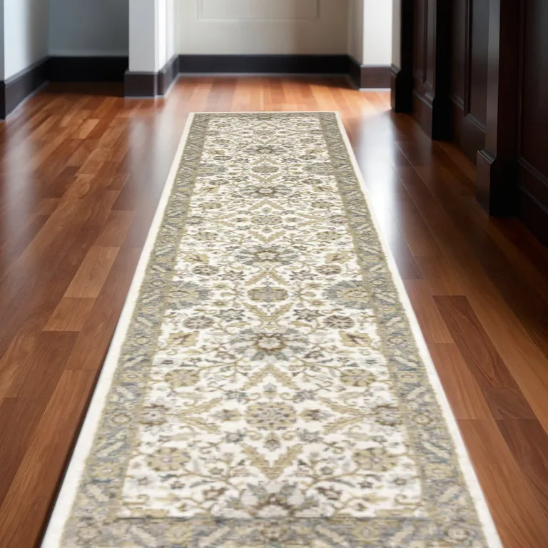 Gray And Ivory Oriental Power Loom Runner Rug Photo 5