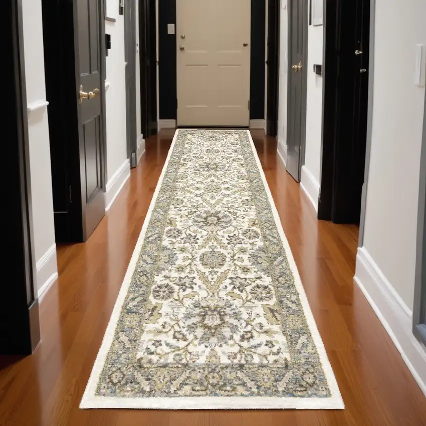 12' Runner Gray and Ivory Oriental Power Loom Runner Rug Photo 1